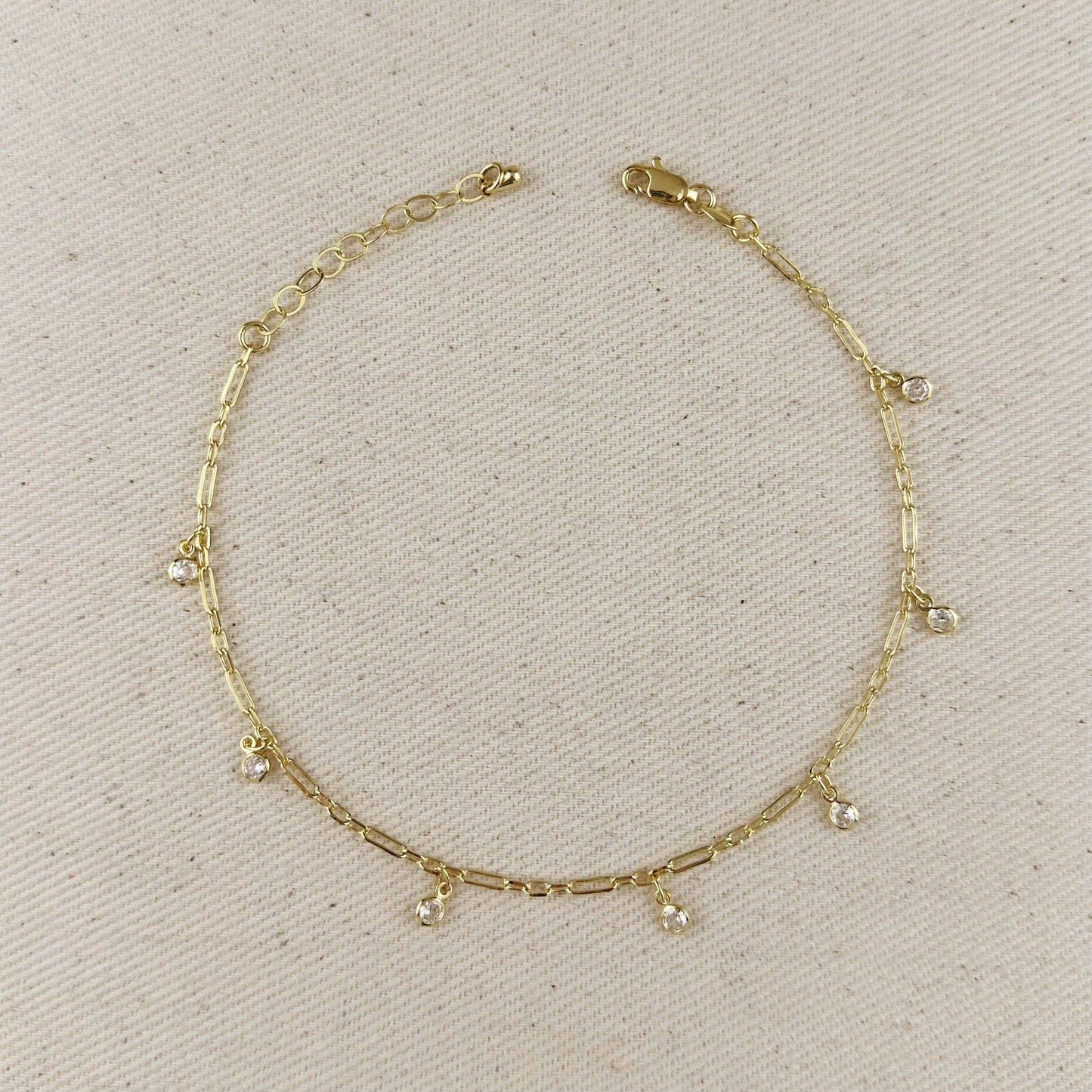 18k Gold Filled Paperclip Chain with Bezel CZ Drops Anklet