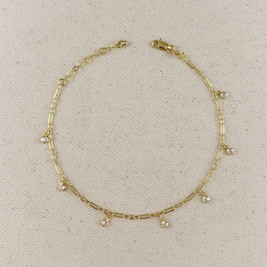 18k Gold Filled Paperclip Chain with Bezel CZ Drops Anklet