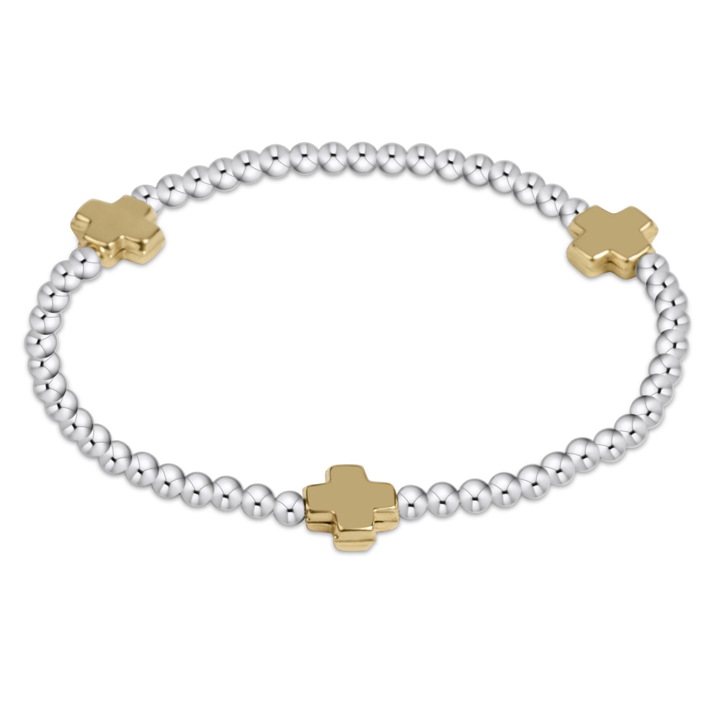 signature cross sterling mixed metal pattern 3mm bead bracelet- gold - extends
