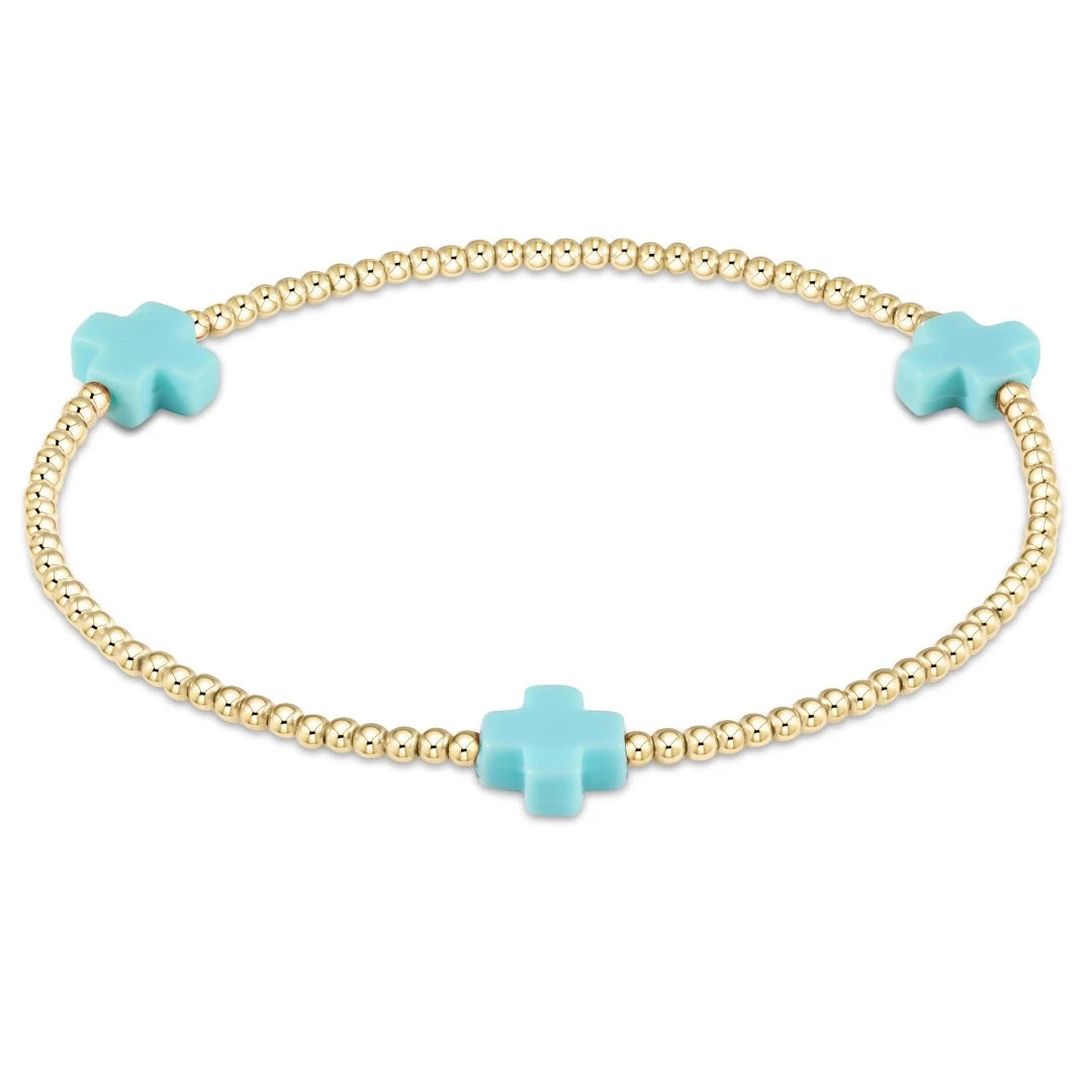 SIGNATURE CROSS GOLD PATTERN 2MM BEAD BRACELET (TURQUOISE)