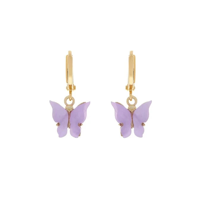 Lavender Butterfly Huggie Gold Earrings