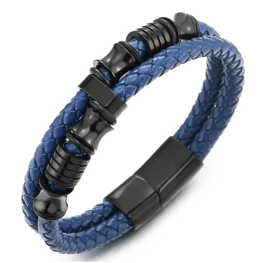 Mens Double Row Blue Braided Leather Bracelet